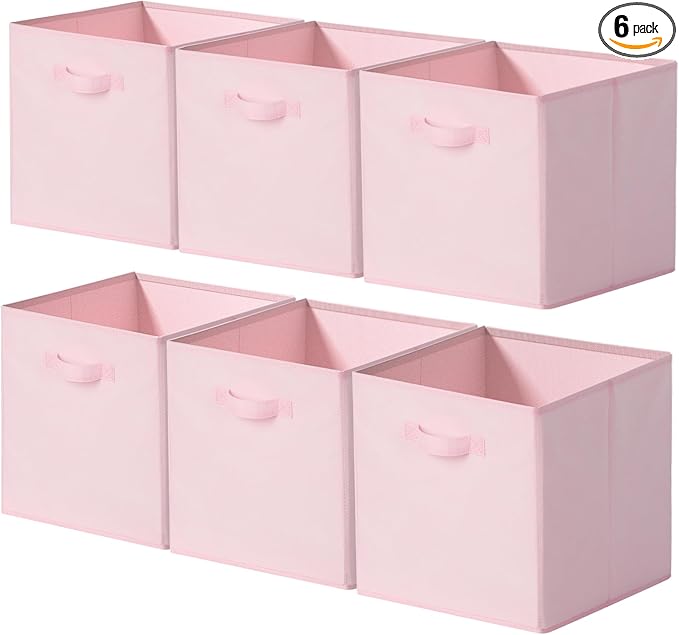 Cupic Cupid 13x13 Storage Cubes, 6 Pack Open Storage Bins with Handles, Storage Cube Organizer for Clothes and Toys, Collapsible Cube Bins for Closet, Shelves, Offices, Pink