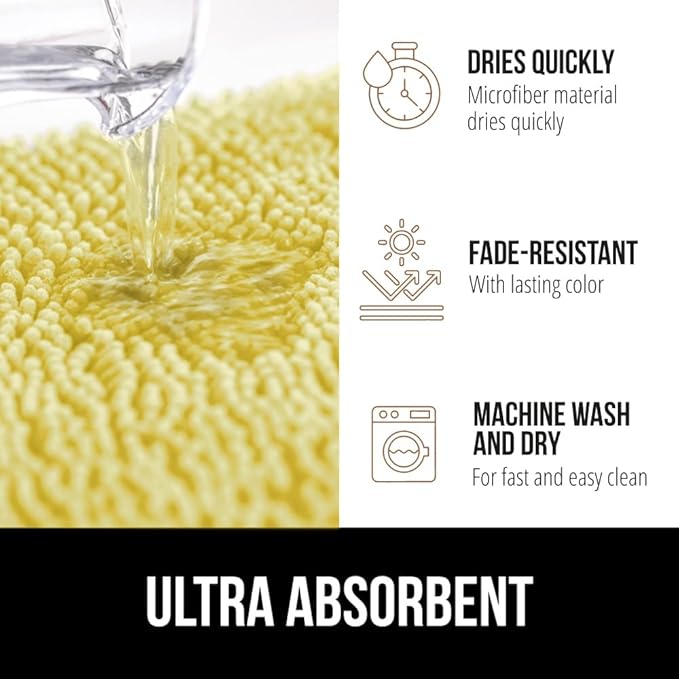 GORILLA GRIP Bath Rug Mat, Thick Soft Absorbent Chenille, Rubber Backing Quick Dry Microfiber Mats, Machine Washable Rugs for Shower Floor, Bathroom Runner Bathmat Accessories Décor, Contour, Yellow