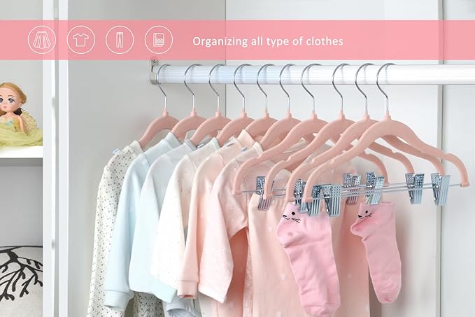 ManGotree 11.8'' Baby Velvet Hangers with Movable Clips, Non-Slip Kids Felt Hangers, Ultra-Thin Space-Saving Children's Clothes Hangers for Skirts, Pants, Dresses, Shirts, Jackets (28 Pack, Pink)