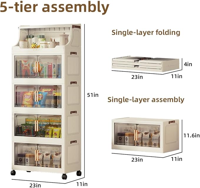 217QT Stackable Storage Bins with Lids & Rack, 5 Tier Large Capacity Foldable Storage Cabinet, Clear Collapsible Pantry Organizer for Home, Kitchen, Bathroom, Dorm, Office