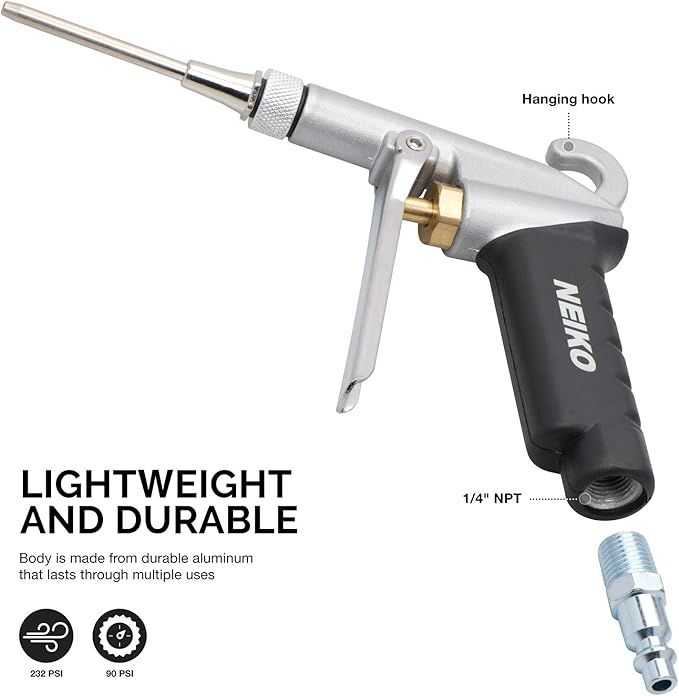 NEIKO 31121A High Flow Air Blow Gun | 3 Pc Pneumatic Air Nozzle | Dust Gun | Air Gun Compressor Accessories | ¼”