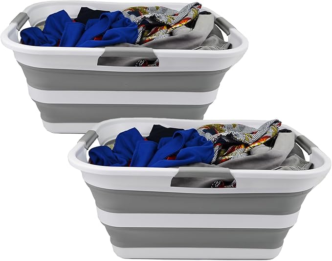 SAMMART 42 (11 Gallons) Collapsible Plastic Laundry Basket, Foldable Pop Up Storage Container/Organizer, Space Saving Hamper, Portable Bin for Dorm Room Bathroom (2, White/Grey)
