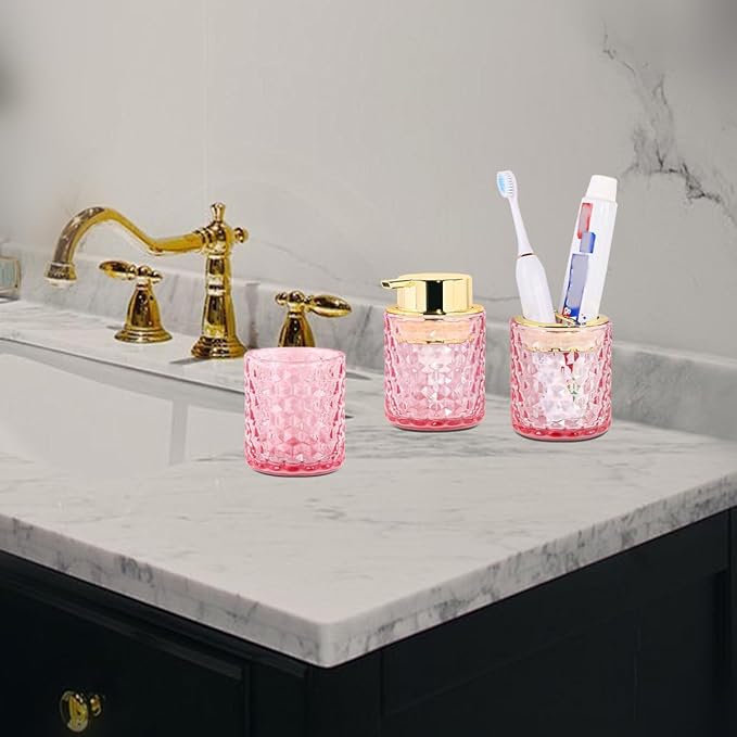Bathroom Accessories Set, 3pcs Pink Glass Bathroom Accessory Set,Toothbrush Holder, Foaming Soap Dispenser and Tumbler, Gold Bathroom Decor Sets for Organizer, Home Apartment Gift