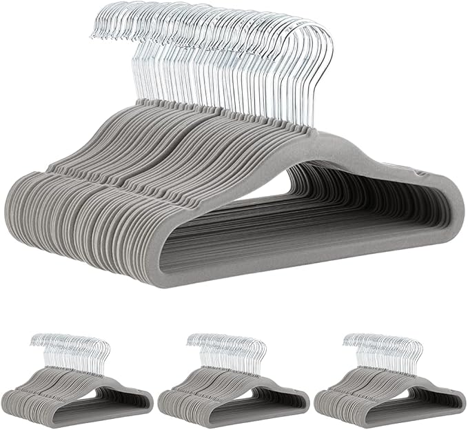Amazon Basics Kids Velvet, Non-Slip Clothes Hangers for Infant and Toddler, 11.6 inches (for Baby Clothes), Gray (Pack of 4)