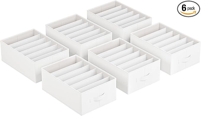 SONGMICS Set of 6 Large Size Wardrobe Clothes Organizers, 6-Compartment Foldable Drawer Organizers with Handles, 16.5 x 11.8 x 6.7 Inches, for Pants, Sweaters, Jeans, Cloud White URUS009W03