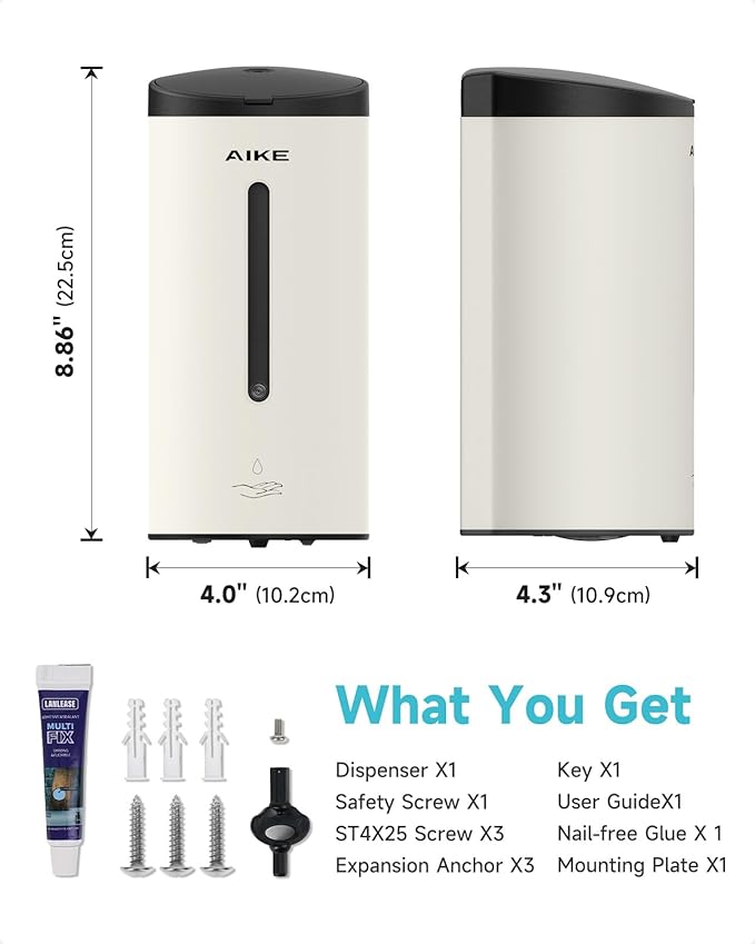 AIKE Automatic Wall Mount Liquid Soap Dispenser, Commercial Stainless Steel with 25oz Large Capacity Save Time Effort and Cost,Model AK1205 (Matte White)