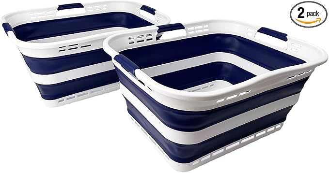 SAMMART Set of 2 Collapsible Plastic Storage Basket - Foldable Pop Up Storage Container - Portable Laundry Organizer - Space Saving Hamper (White/Starry Blue, 42L (Style A))