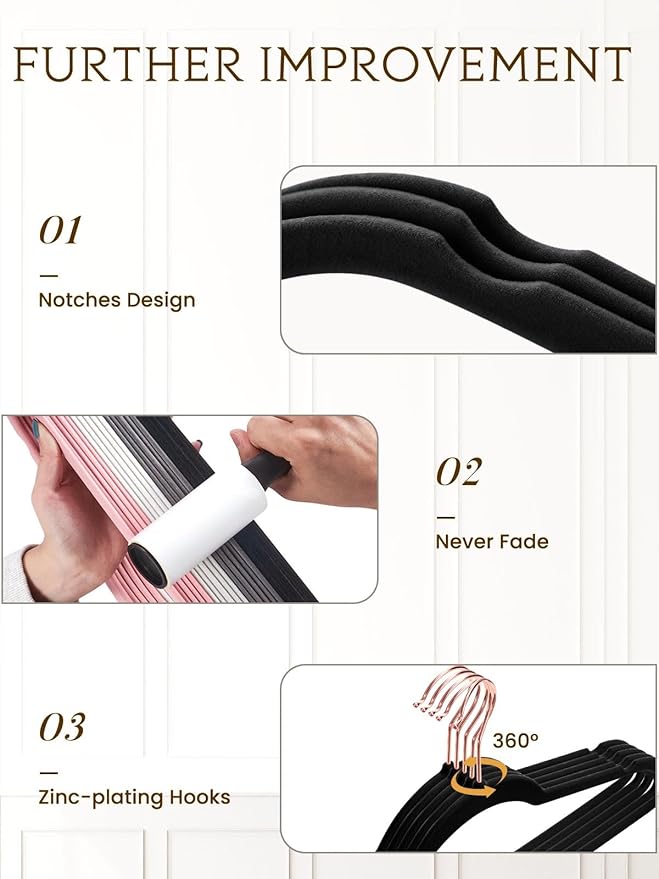 Smartor Velvet Hangers 50 Pack, Black Felt Hangers Non Slip with Rose Gold Hook, Premium Clothes Heavy Duty Velvet Hanger for Adult Coat, Suit, Short, Dress - Black