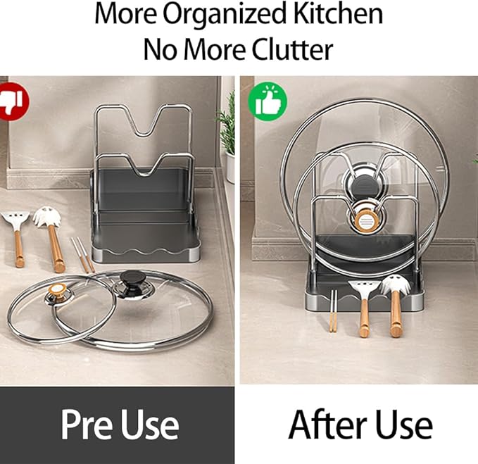 Pot lid Holder And Spoon Rest, 2 Layers Lid And Spoon Rest Pot Lid Organizer With Drip Tray, Multifunctional Utensils Pan Pot Cover Lid Rack Shelf for Pot Lids, Spatulas, Spoons (Black)