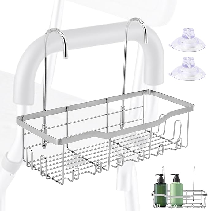 Shower Caddy Hanging, Stainless Steel Showers Organizer Rack with Hooks and Suction Cup for Elderly Seniors Disabled Handicap