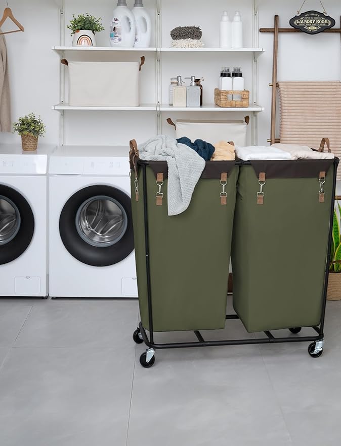 StorageWorks 390L Extra Large Laundry Hamper with Wheels, 2 Sections Laundry Basket with Wheels, Clothes Sorter Cart with Divider for Hotel, Home, Green, 37.75"L x 17"W x 37.5"H