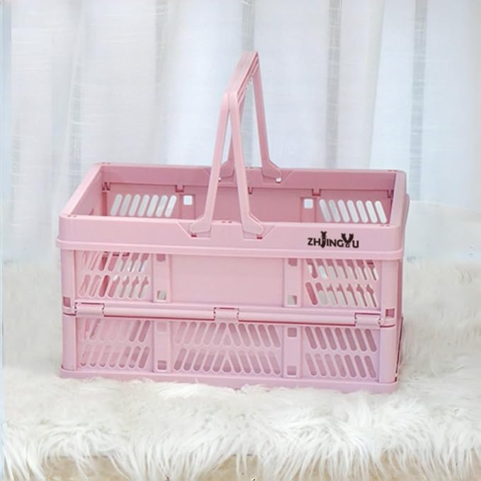 Pink crates for storage,plastic baskets for organizing,14.96" x9.84"x 7.87" collapsible shopping basket,20L foldable crate with Handles,Car Milk Dairy crate for Kitchen,Bathroom,school,office