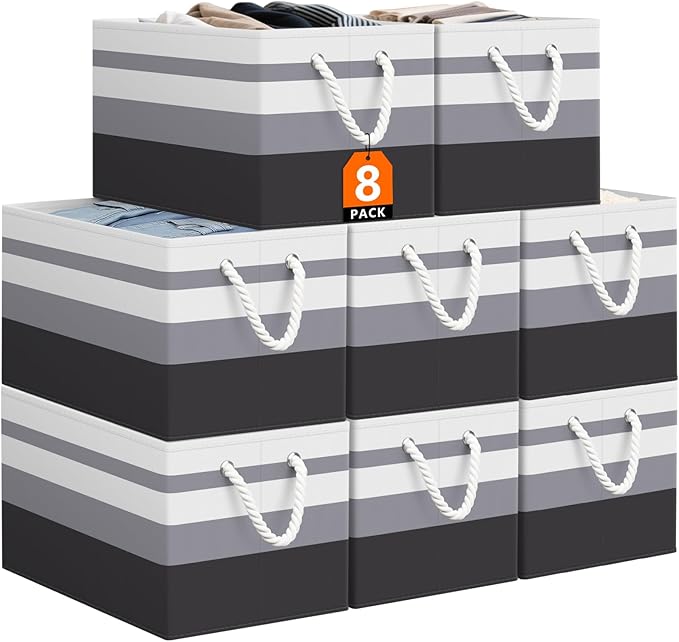 Storage Bin,Collapsible Storage Basket For Organizing,Large Storage Boxes With Rope Handles,Storage Containers,Gradient Grey,8 Pack