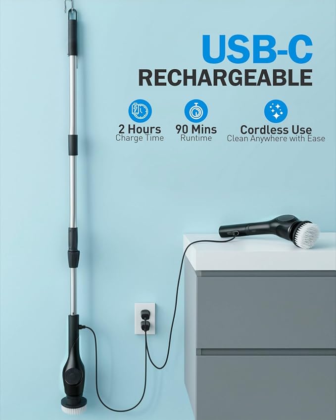 Electric Spin Scrubber, 3-Speed Cordless Shower Scrubber with Long Handle & 10 Replaceable Brush Heads, 90 Mins Runtime & Full-Body IPX7 Waterproof Shower Cleaner Brush for Bathroom Kithchen