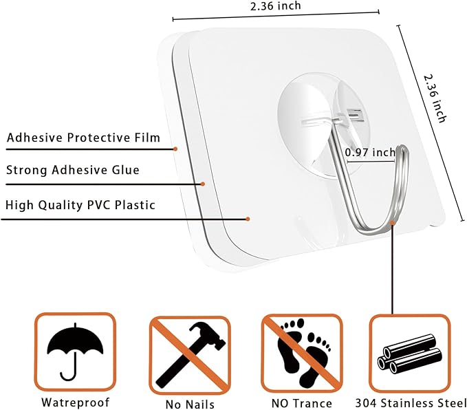 Heavy Duty Adhesive Wall Hooks - Strong & Transparent, Hold up to 22lb, Waterproof & Reusable, Ideal for Kitchen, Bathroom, and Office (10 Pack)