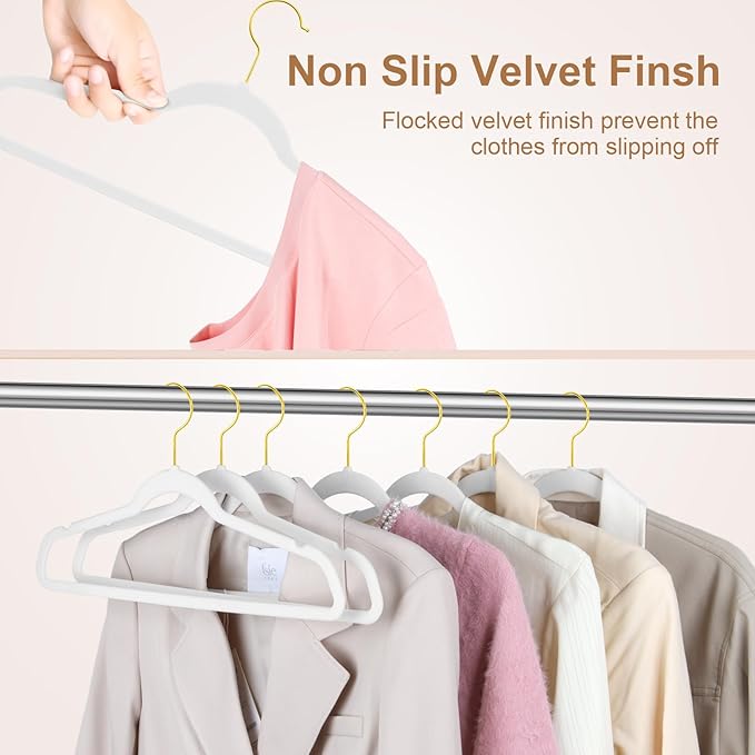 TIMMY 36-Pack Velvet Hangers with Gold Hooks - Space-Saving Non-Slip Heavy-Duty Clothes Hangers for Coats, Suits, Dresses, and Sweaters - Slim Design(White+Gold) (White+Gold, 17inch-36pack)