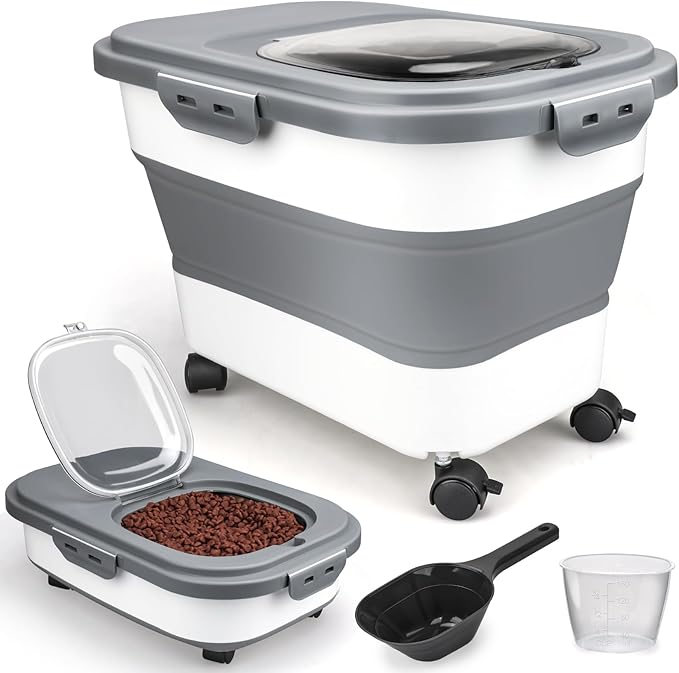 Dog Food Storage Container, 10-20Lbs Collapsible Pet Food Storage Containers with Rolling Wheel Airtight Locking Lid, Dry Food Storage Bin with Cup and Scoop,Suitable for Pet Food, Rice, Flour