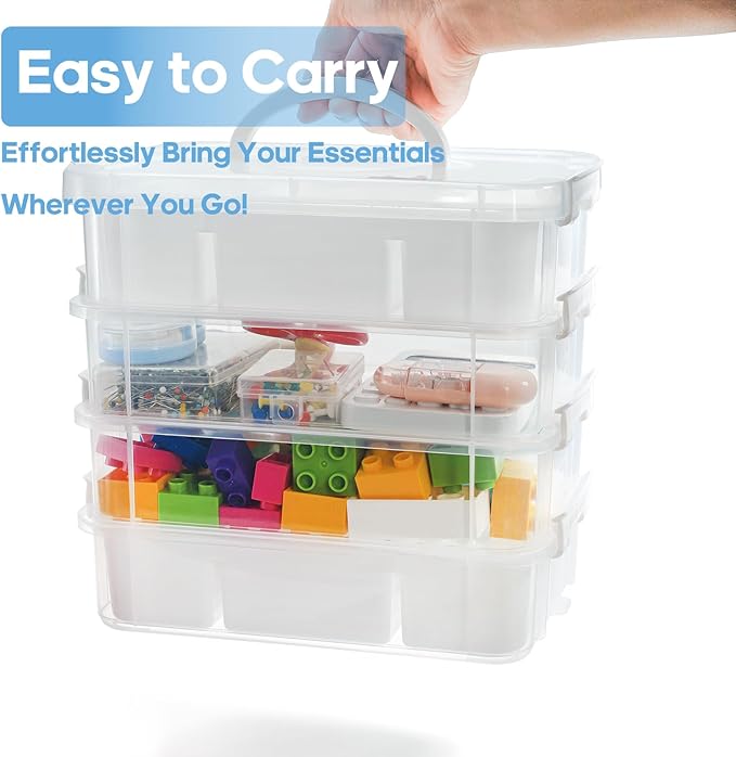 Foraineam 4-Tier Clear Storage Bins With 2 Divided Trays, Stackable Carry Storage Box Container, Plastic Lidded Organizer Case With Handle for Beads, Tools, Arts & Crafts, Sewing, Office Supplies