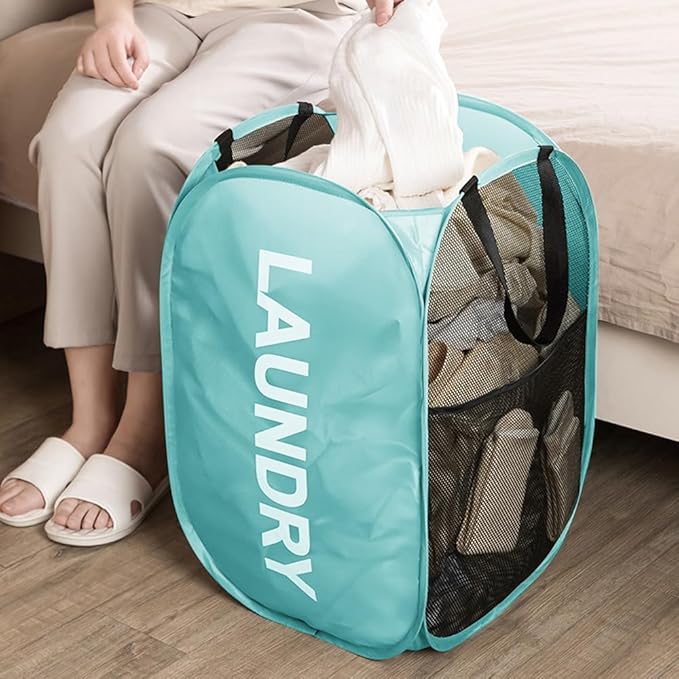 Larpur Pop Up Laundry Baskets, 2 Pack Mesh Laundry Hampers Collapsible Clothes Hampers for Home, Dorm, Travel (Pink + Blue)