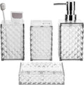 Bathroom Accessory Set, Grid Pattern 4 Pcs Plastic Bathroom Set Include Soap Dispenser, Soap Dish, Toothbrush Holder, Mousewash Cup, Modern Bahtroom Décor Set(White)