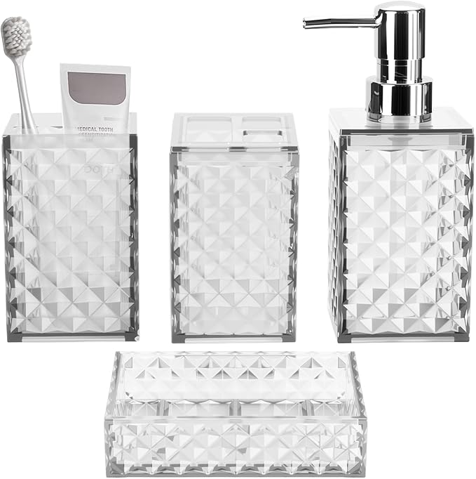 Bathroom Accessory Set, Grid Pattern 4 Pcs Plastic Bathroom Set Include Soap Dispenser, Soap Dish, Toothbrush Holder, Mousewash Cup, Modern Bahtroom Décor Set(White)