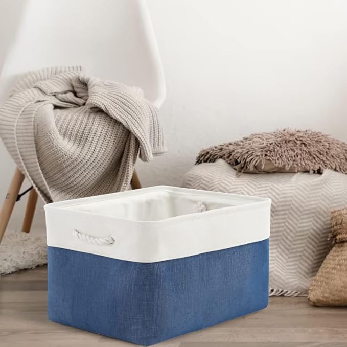 Sacyic Organization and Storage Bins for Shelves - 2 Pack 17X15X12 inch Canvas Storage Cubes Collapsible Baskets for Organizing with Handles, Storage Box for Cloth Decorative (White & Blue)