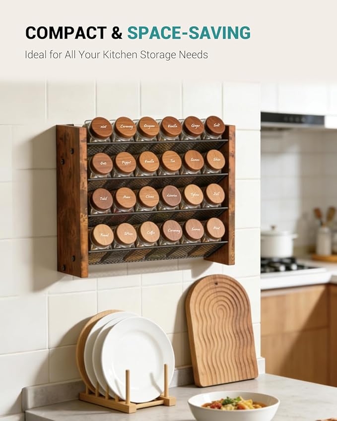 NESAPTO Spice Rack Organizer for Cabinet, Wooden 4 Tier Vertical Seasoning Organizers for Kitchen Pantry, Countertop/Wall Mount, Holds 24 Spice Jars (No Jars Included),12.2" W × 9.4" H