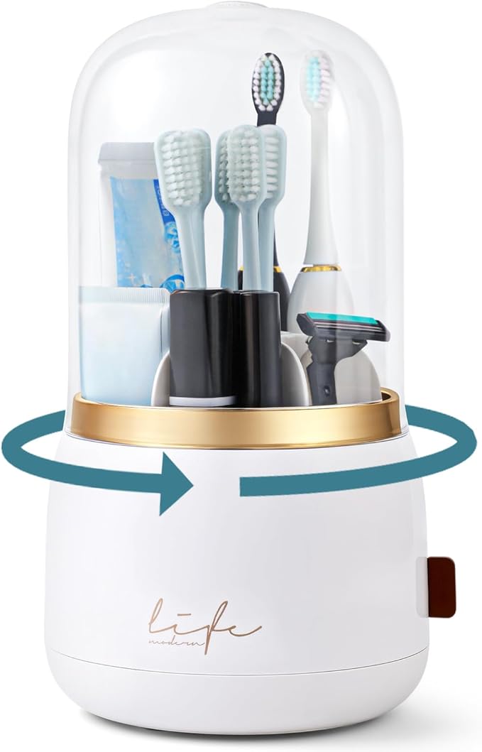 EXIN DECHEN Toothbrush Holders with Cover for Bathrooms, 360° Rotating 7-Slot Draining Water for Placing Kids Electric Toothbrushes,Toothpaste,Razors,Bathroom Counter Dresser Vanity Organizer(White)