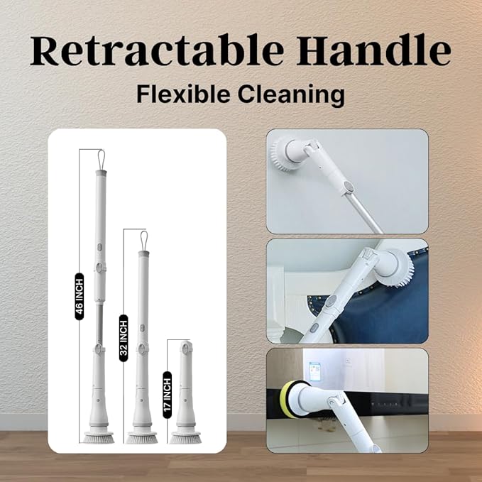 Electric Spin Scrubber Cordless – High-Power Bathroom & Shower Cleaner with Long Handle, 8 Replaceable Heads, Dual Speed (350/420 RPM), 200-Minute Battery Life for Tile, Floor, and Grout Cleaning