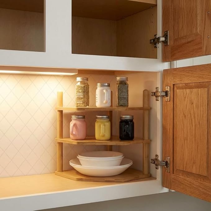 3 Tier Expandable Bamboo Corner Shelf - Dish/Plate Organizer for Cabinet, Kitchen Counter Shelf & Small Kitchen Shelf, Adjustable (1, 3Tier-3.9" H)