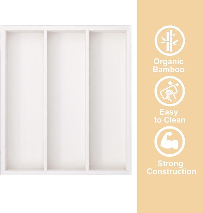 Silverware Organizer Bamboo Kitchen Drawer Organizer, Flatware Organizer Tray for Kitchen, Flatware, Utensils(White)