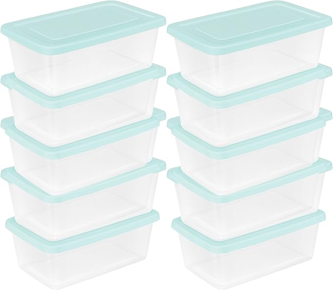 Sterilite Set of 10 Storage Boxes, Clear Plastic Stackable Containers, Lightweight Home Organizers with Snap Lids, 6 Quart, Mindful Mint