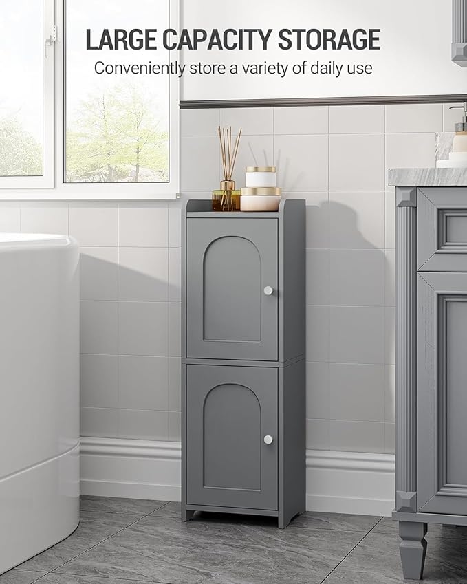 Bathroom Storage Cabinet, Small Corner Floor Cabinet with 2 Doors and Adjustable Shelf, Narrow Toilet Paper Cabinets, Bathroom Organizer for Small Spaces, 7.9" D x 9.8" W x 29.5" H Gray