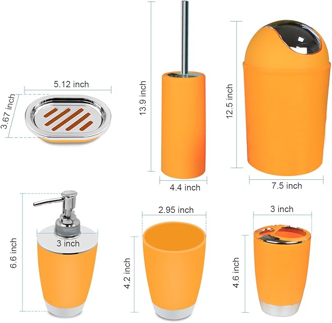 Bathroom Accessories Set, 6-Piece Plastic Gift Set, Toothbrush Holder, Toothbrush Cup, Soap Dispenser, Soap Dish, Toilet Brush Holder, Trash Can (Orang)