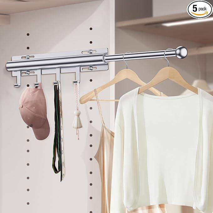 Valet Rod for Closets, 12" Valet Rod With 4 Hooks, Closet Organizer Slide Out Clothing Hanger Rods Extender Perfect for Suits,Dresses,Belt,Tie, Matte Silver
