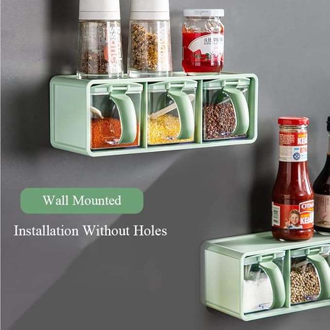 3-Grids Seasoning Box with Tray, Salt Container, Hanging Wall Spice Rack, Kitchen Spice Pot with Spoon, Salt Pepper Sugar Storage Container Jar Cruet for Counter, Green
