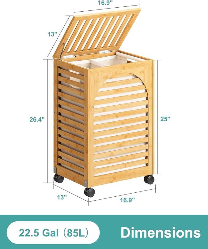 Laundry Hamper with Wheels, Laundry Basket with Lid, 22.5Gallon (85L) Bamboo Wood Clothes Laundry Hamper 2 Section with Handles, Removable Liner