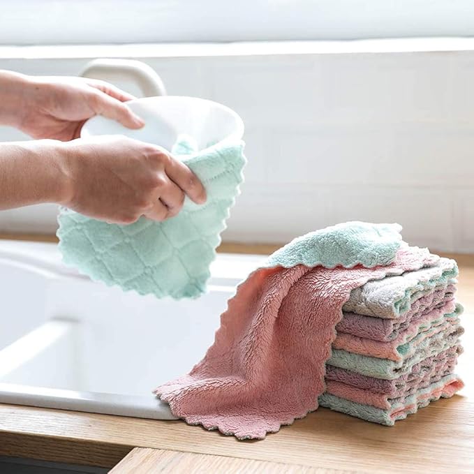 kimteny 12 Pack Kitchen Cloth Dish Towels, Premium Dishcloths, Super Absorbent Coral Velvet Dishtowels, Nonstick Oil Washable Fast Drying (Pink-Green)
