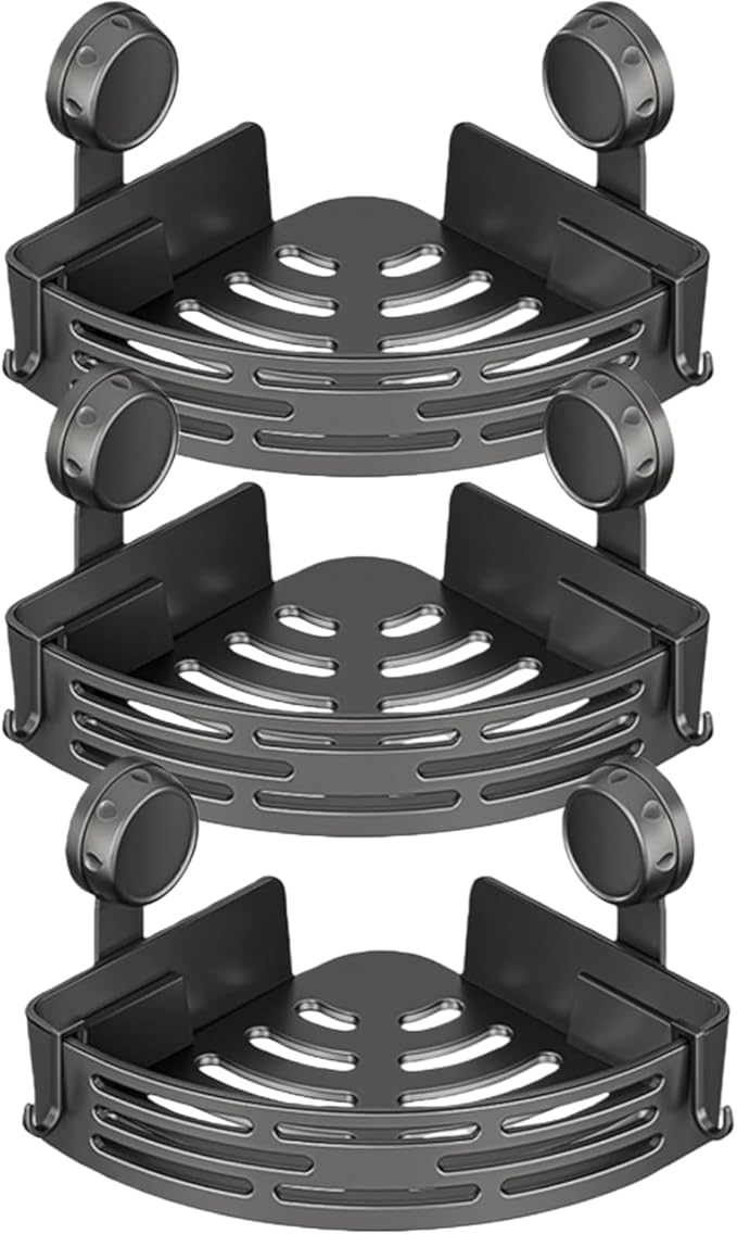 HIDEZHI Triangle Suction Cup Shower Caddy, Suction Cup Corner Shower Shelf, No-Drill Bathroom Corner Caddy, Triangle Suction Cup Corner Shelves, Removable Wall Storage Rack (Black*3)