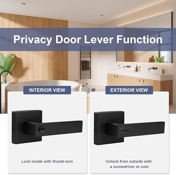 Estmoon 5 Pack Matte Black Door Handles Interior Door Knobs, Home Improvement Keyless Privacy Door Lock, Heavy Duty Zinc Alloy 2.07 lb Door Leverset for Bedrooms Bathrooms