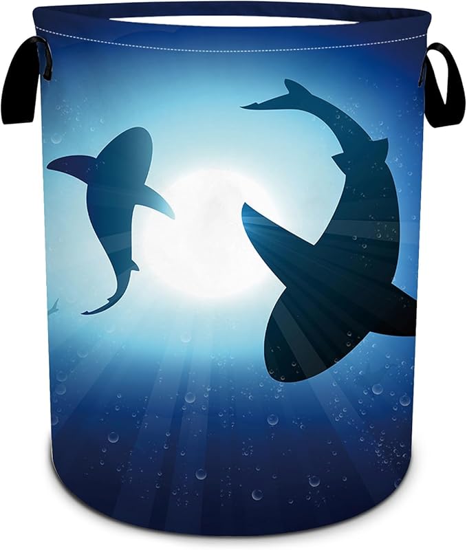 Floating Shark Laundry Basket, Sea Animals Laundry Hamper Foldable Waterproof Oxford Cloth Funny Tote Bag Dirty Clothes Storage Bucket Toy Organizer for Bathroom/Laundry/Bedroom 15.7"x19.6"