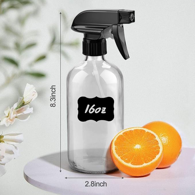 Glass Spray Bottles, 16oz Clear Glass Spray Bottles with Labels & Adjustable Nozzle, Reusable Containers for Cleaning Solutions, BBQ, Food, Plants, Alcohol, Essential Oils(2 Pack)