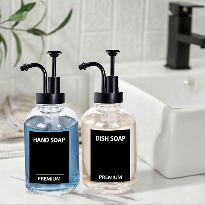 12oz Dish Soap Dispenser for Kitchen, Hand Glass Soap Dispenser Set with Pump, Tray, Funnel for Bathroom, Shower, Laundry, Liquid, Lotion (Black 2 Pack Clear Bottles with 12 Stickers)