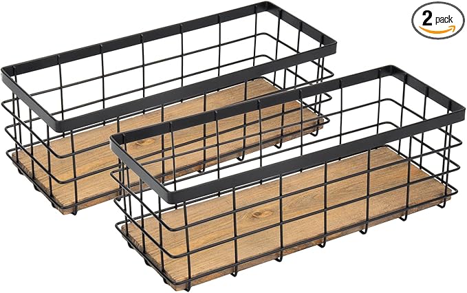 TIEYIPIN Farmhouse Small Metal Wire Storage Basket Bin, Rustic Home Storage Organizer with Wooden Bottom for Kitchen, Cabinets, Bathroom Counter, Pantry, Garage, Laundry Room - Black (2 Pack)