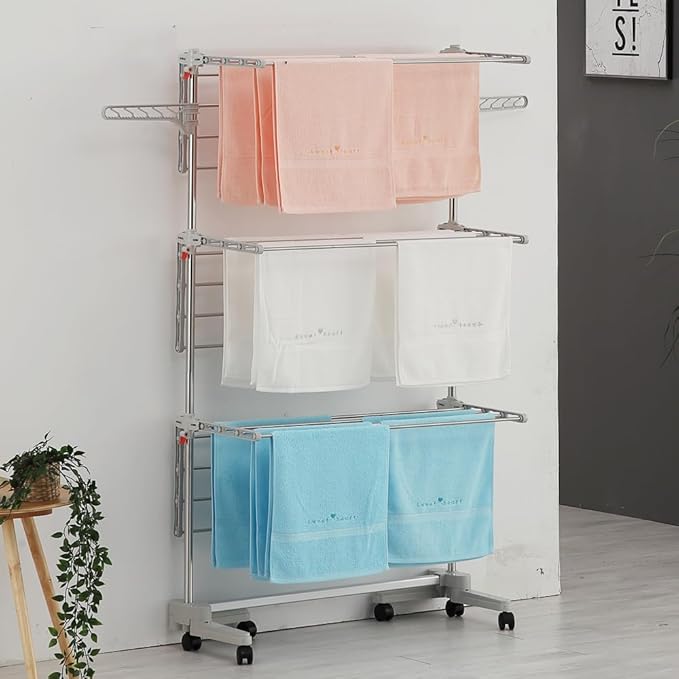 DOLEEFUN Foldable Laundry Drying Rack with Wheels - 48 Drying Rods, Heavy Duty, Movable, Perfect for Clothes, Duvet, Socks, Bed Linen, Sheets, 6 Wings