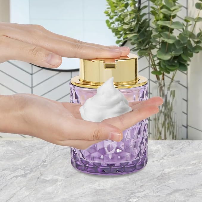 Bathroom Accessories Set, 3pcs Purple Glass Bathroom Accessory Set,Toothbrush Holder, Foaming Soap Dispenser and Tumbler, Gold Bathroom Decor Sets for Organizer, Home Apartment Gift