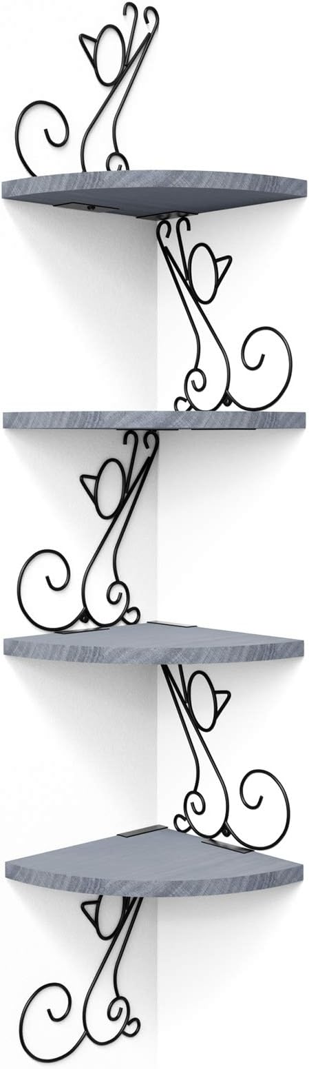 Alsonerbay Wall Mount Corner Shelves 4 Tier Floating Corner Storage Wood Shelves Decorative Rustic Radial Shelf in Cat Shape Weathered Grey