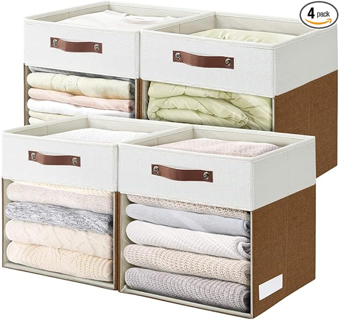 Storage Cubes, 4 Pack Linen Foldable Storage Bins (13 x 13 inch) with Clear Window and Handles, Fabric Organizer for Shelf Closet, Clothes, Books - (Brown and White)