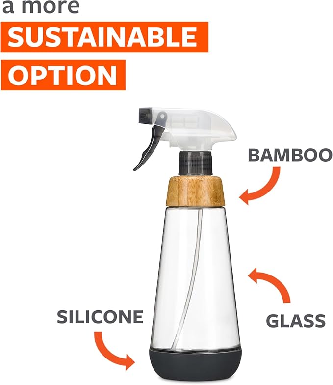 Full Circle Bottle Service - Refillable Glass Spray Bottle for Cleaning - Versatile Stream & Mist Options, Bamboo, Silicone Boot - Ideal for Non-Toxic Solutions & Plant Care, 16oz, Gray