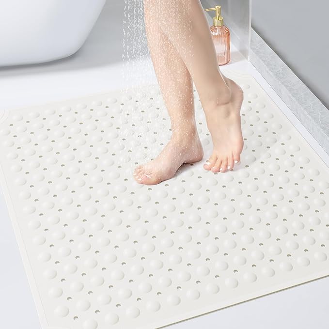 OTHWAY Square Shower Mat 32x32, TPE Non-Slip Shower Mats with Drain Holes and Suction Cups, Walk-in Mat for Inside Shower Stall, Anti-Slip for Elderly Kids (White)